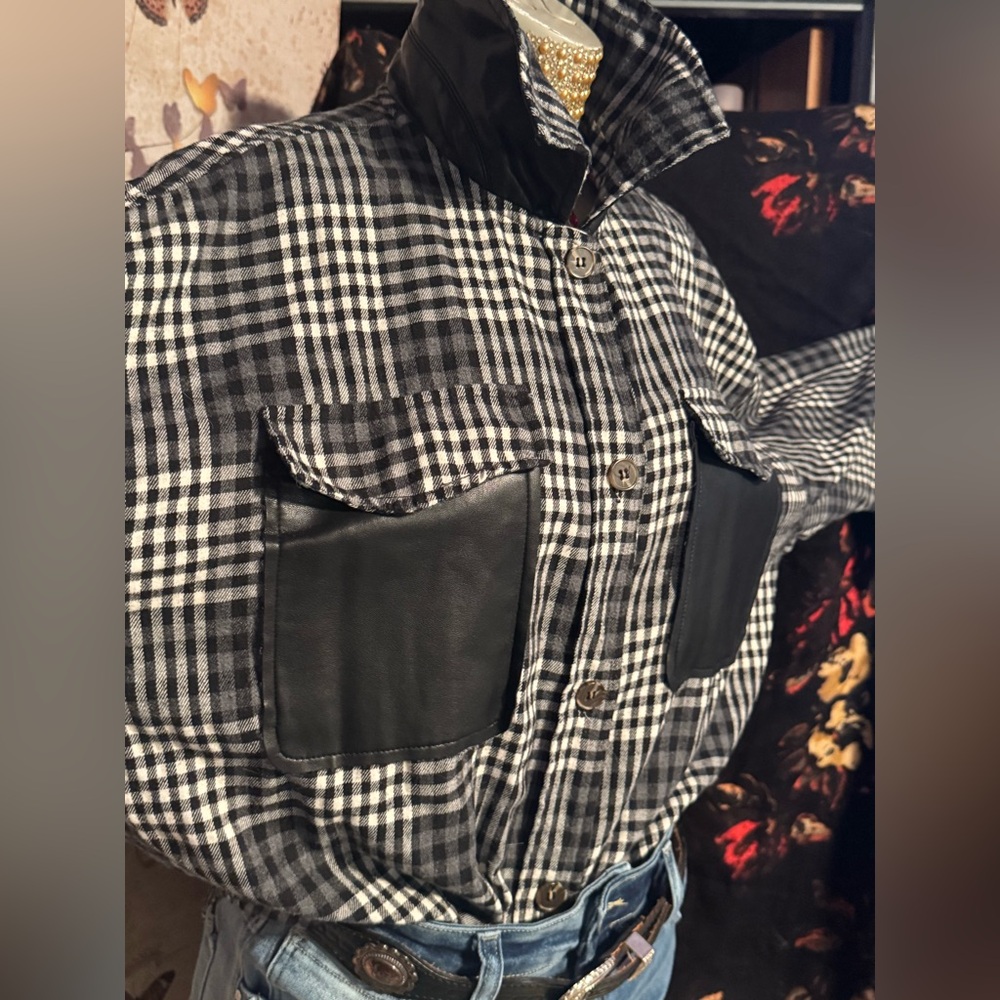 Black and White Plaid Oversized Flannel Shirt with Faux Leather Accents